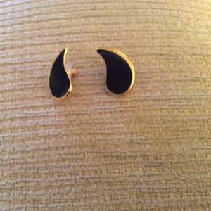 Vintage Monet Earrings Pierced Gold Tone / Black Enamel
